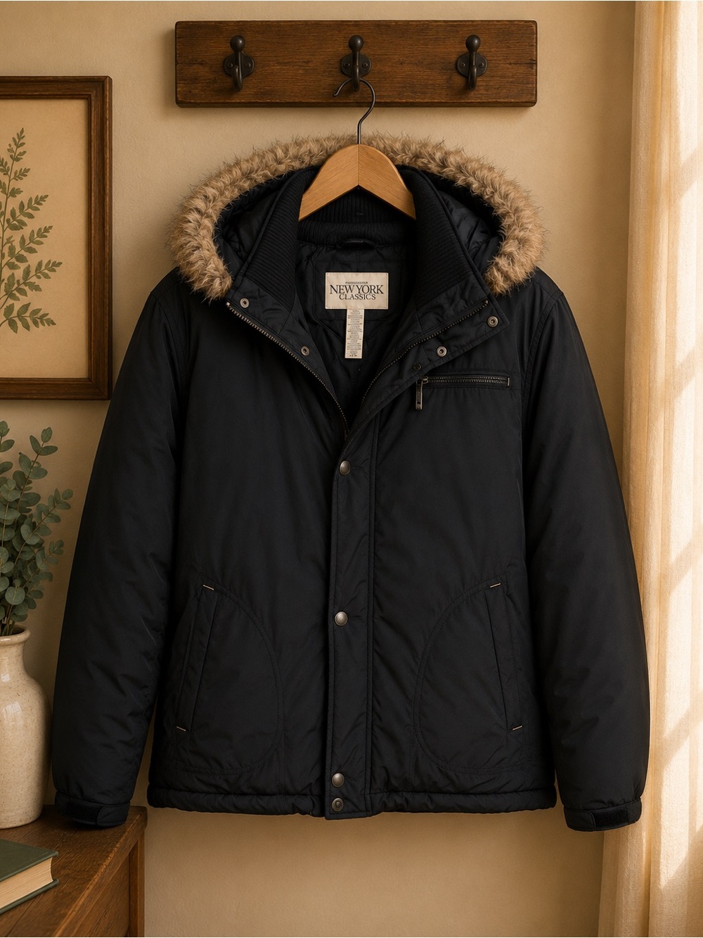 New York Classics Black Hooded Puffer Coat Faux Fur Trim XXL